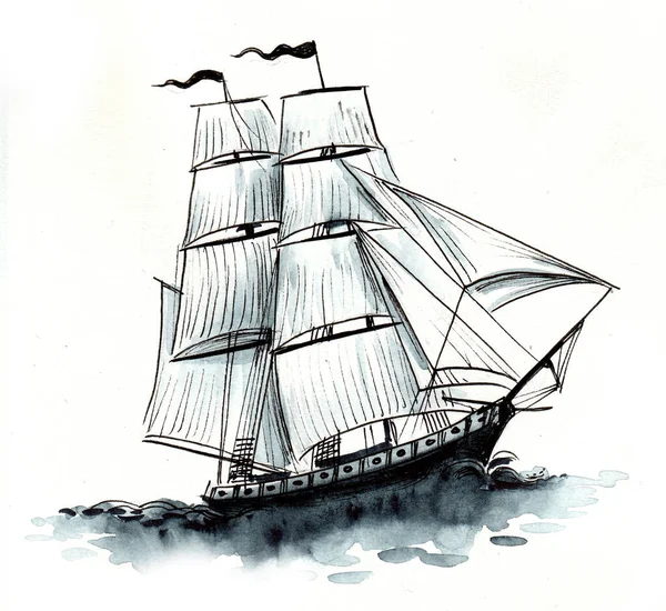 Barco Vela Dibujo Tinta Acuarela — Foto de Stock