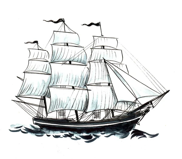 Lång Segelbåt Havet Bläck Och Akvarell Illustration — Stockfoto