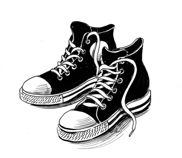 Pair Sport Shoes Ink Black White Drawing — Stock Photo, Image
