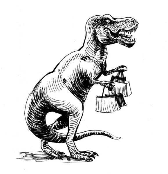 Dinosaure Tyrannosaurus Rex Avec Sac Provisions Encre Dessin Noir Blanc — Photo