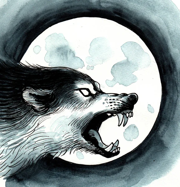 Šílený Vlk Měsíc Kresba Inkoustem Akvarelem — Stock fotografie