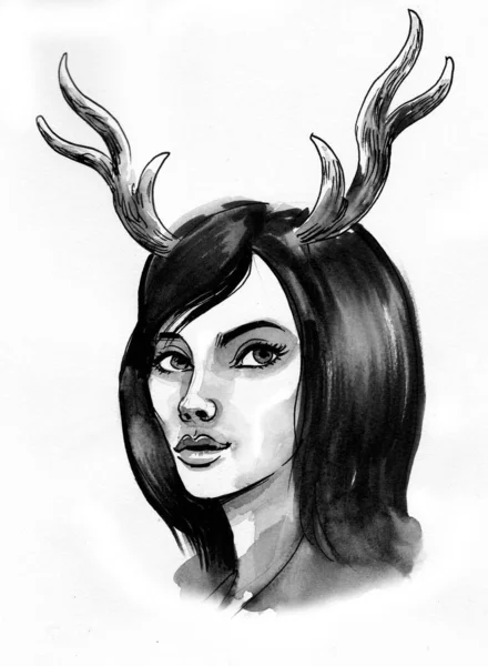 Pretty Woman Deer Horns Ink Watercolor Drawing — Stock Photo, Image