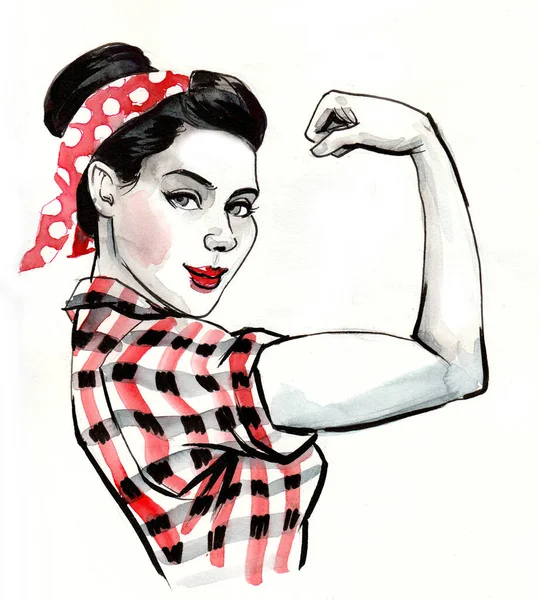 Ładna Kobieta Napinająca Bicepsy Rysunek Atramentu Akwareli — Zdjęcie stockowe