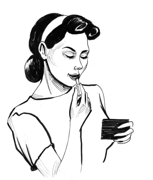 Rujlu Güzel Bir Kadın Mürekkep Siyah Beyaz Çizim — Stok fotoğraf