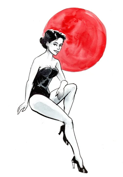 Bonita Mujer Traje Baño Sol Rojo Ilustración Tinta Acuarela — Foto de Stock