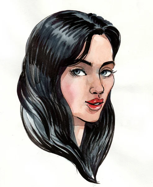 Uzun Siyah Saçlı Güzel Bir Kadın Mürekkep Suluboya Çizim — Stok fotoğraf