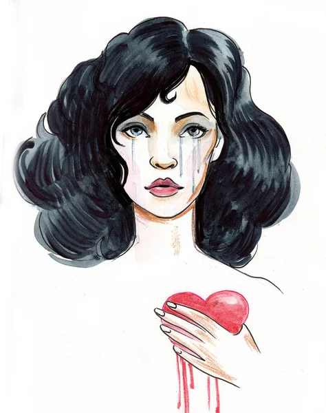 Jolie Femme Qui Pleure Avec Coeur Qui Saigne Illustration Encre — Photo