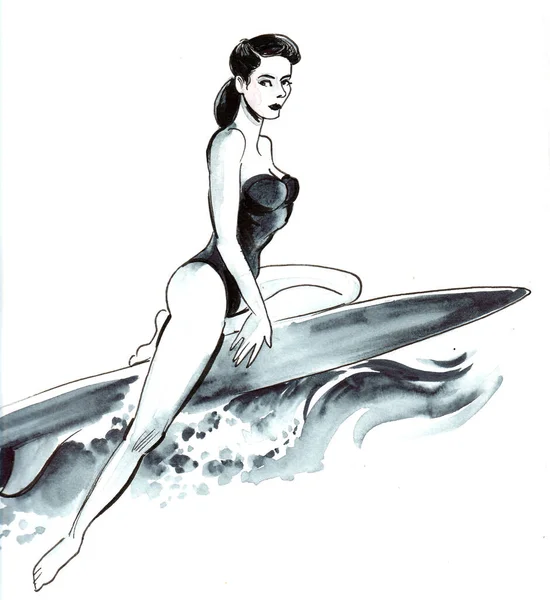 Pretty Woman Surfing Board Ink Watercolor Illustration — Stock Photo, Image