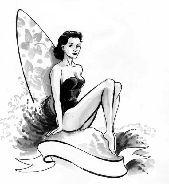Pretty Woman Beach Surfing Board Ink Watercolor Drawing — Stock Photo, Image