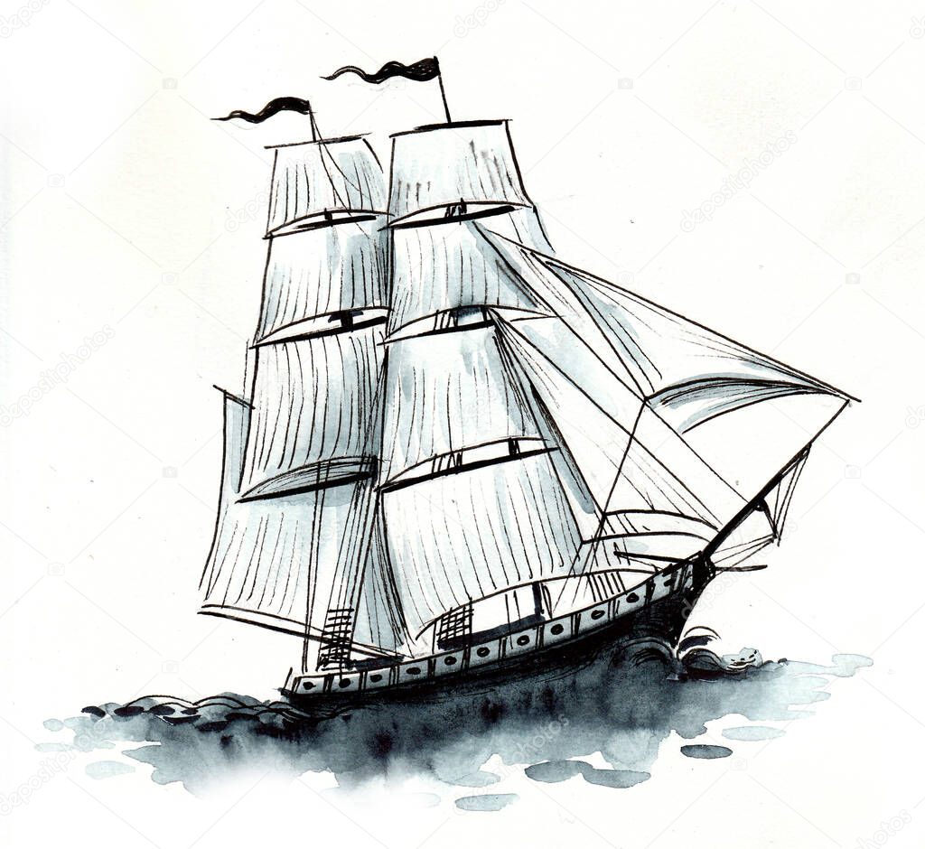 Sailing ship. Ink and watercolor drawing