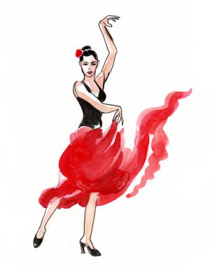 Güzel Flamenko dansçısı. Mürekkep ve suluboya çizim
