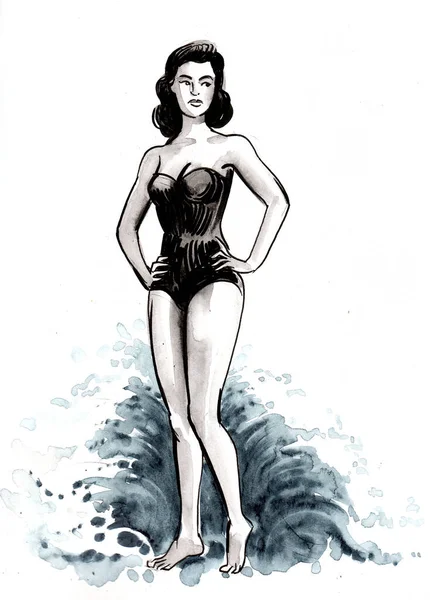 Pretty Woman Swimming Suit Beach Ink Watercolor Drawing — Stock Photo, Image