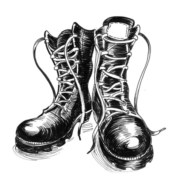 Pair Military Boots Ink Black White Drawing — Stock Photo, Image