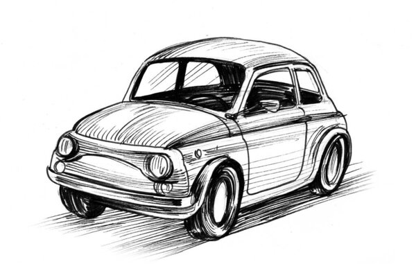 Vintage European automobile. Ink black and white drawing