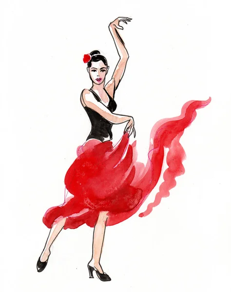 Όμορφη Χορεύτρια Φλαμένκο Σχέδιο Μελανιού Και Ακουαρέλας — Φωτογραφία Αρχείου
