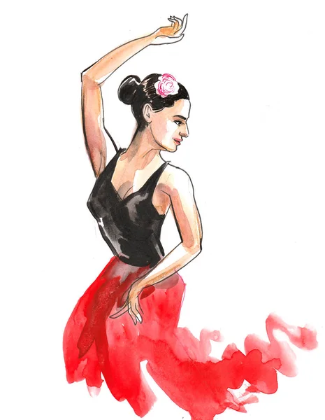 Hermosa Bailarina Española Flamenco Dibujo Tinta Acuarela — Foto de Stock