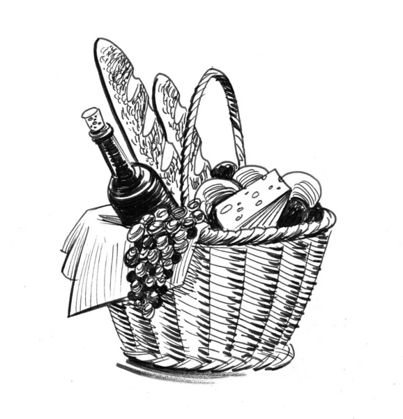 Panier Provisions Encre Dessin Noir Blanc — Photo