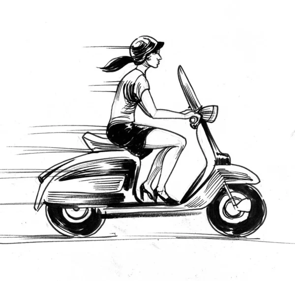 Girl Riding Vintage Scooter Ink Black White Drawing — Stock Photo, Image