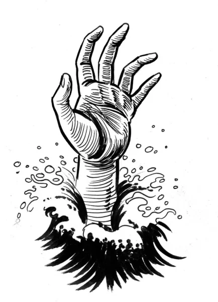 Drowning Hand Water Ink Black White Drawing — Stock Photo, Image