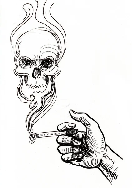 手与吸烟的香烟和骷髅 墨水黑白画 — 图库照片