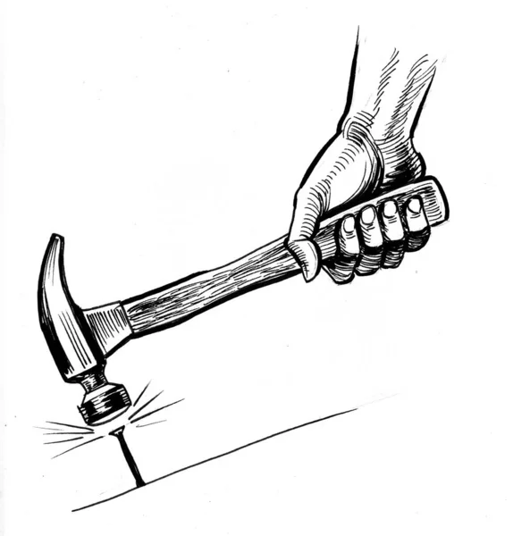 Hand Hammer Hitting Nail Ink Black White Drawing — Stock Photo, Image