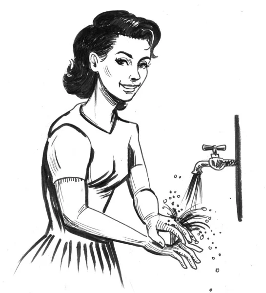 Hezká Žena Myje Ruce Černobílá Kresba Inkoustu — Stock fotografie