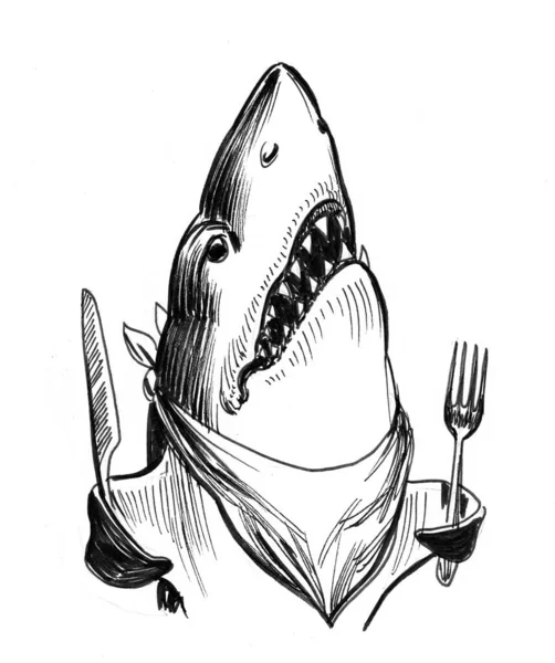 Pez Tiburón Hambriento Con Cuchillo Tenedor Dibujo Blanco Negro Tinta —  Fotos de Stock