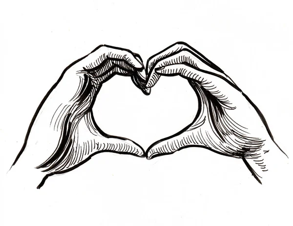 Tvorba Srdce Rukou Černobílá Kresba Inkoustu — Stock fotografie