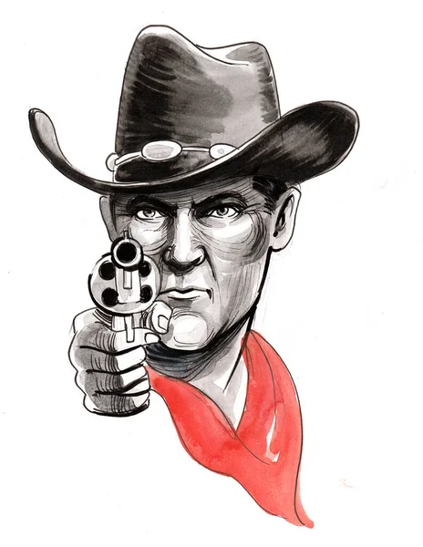 Cowboy Character Aiming Revolver Gun Viewer Ink Watercolor Painting — Stock Photo, Image