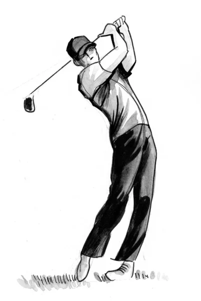 Swingujący Golfista Czarno Biały Rysunek Atramentu — Zdjęcie stockowe