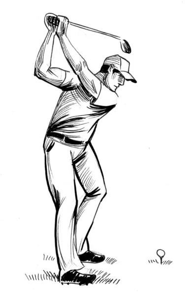 Gentleman Beim Golfspielen Schwarz Weiße Tuschezeichnung — Stockfoto