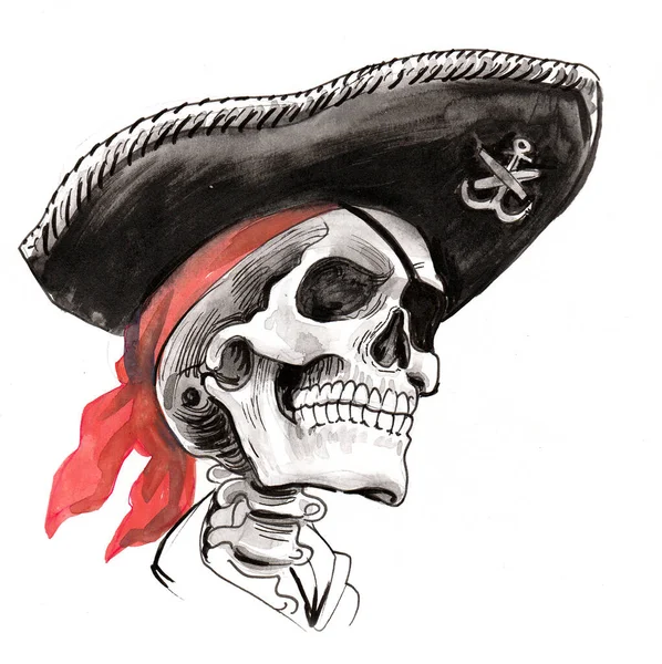 Piratkaptenens Skelett Hatt Bläck Och Akvarell Ritning — Stockfoto