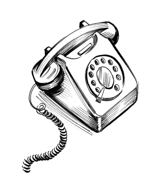 Telefon Retro Obrotowy Czarno Biały Rysunek Atramentu — Zdjęcie stockowe