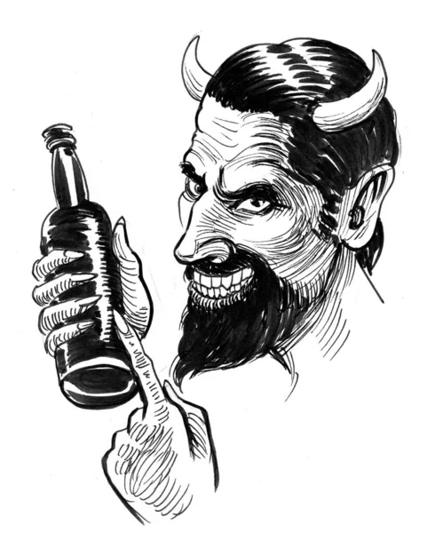 Сатана Вказує Пляшку Алкоголю Чорно Білий Малюнок — стокове фото