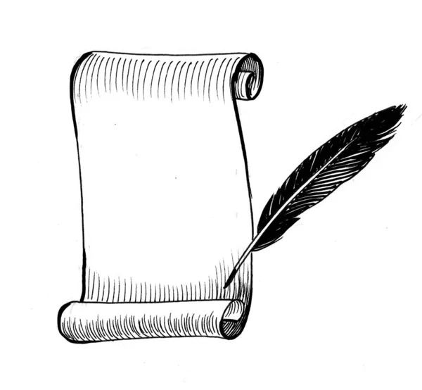 Scroll Pen Quill Ink Black White Drawing — Stock Photo, Image