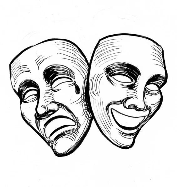 Huilen Lachen Maskers Inkt Zwart Wit Tekening — Stockfoto