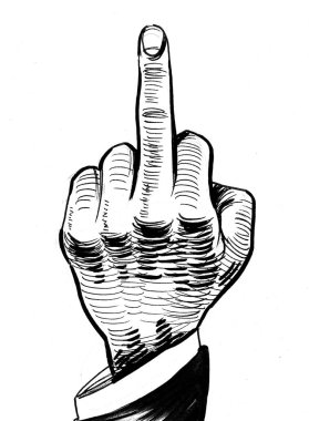 Orta parmak görünüyor. Mürekkep siyah beyaz çizim