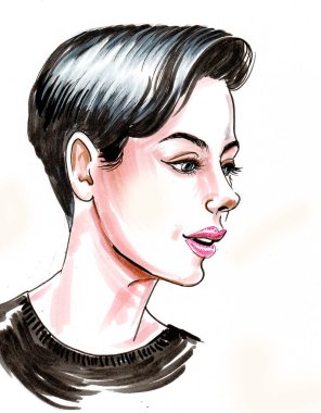 Saç tıraşlı güzel bir kadın. Mürekkep ve suluboya çizim