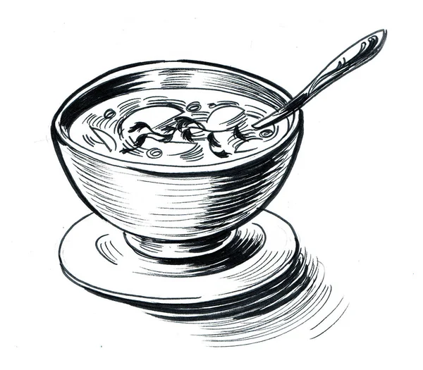 Μια Κούπα Σούπα Μελάνι Ασπρόμαυρο Σχέδιο — Φωτογραφία Αρχείου