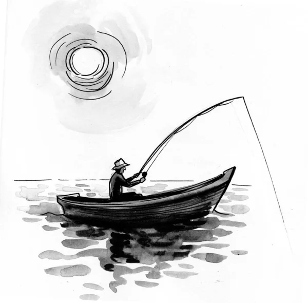 Man in the boat with fishing rod. Ink and watercolor illustration