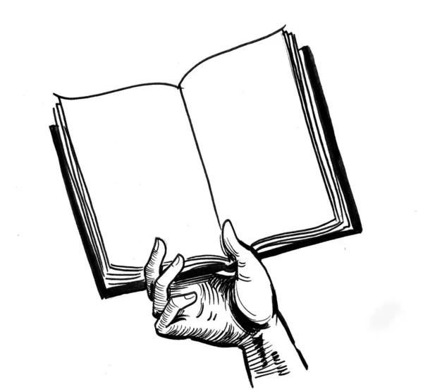 Ręczne Trzymanie Otwartej Książki Czarno Biały Rysunek Atramentu — Zdjęcie stockowe