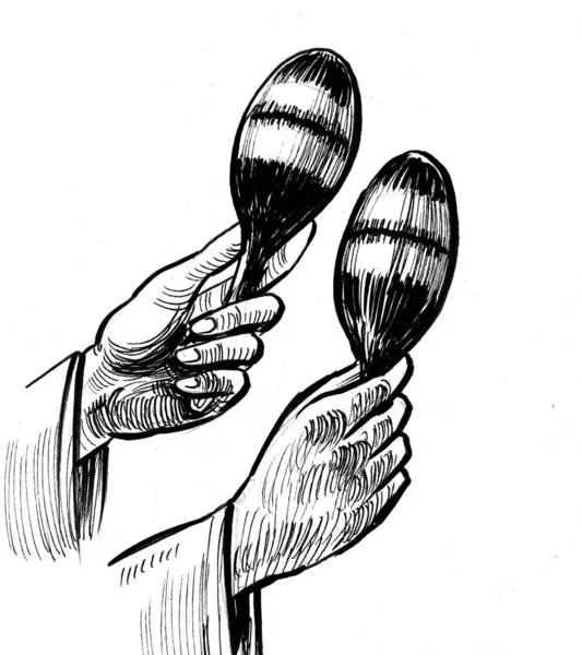 Mãos Com Instrumento Maracas Tinta Desenho Preto Branco — Fotografia de Stock