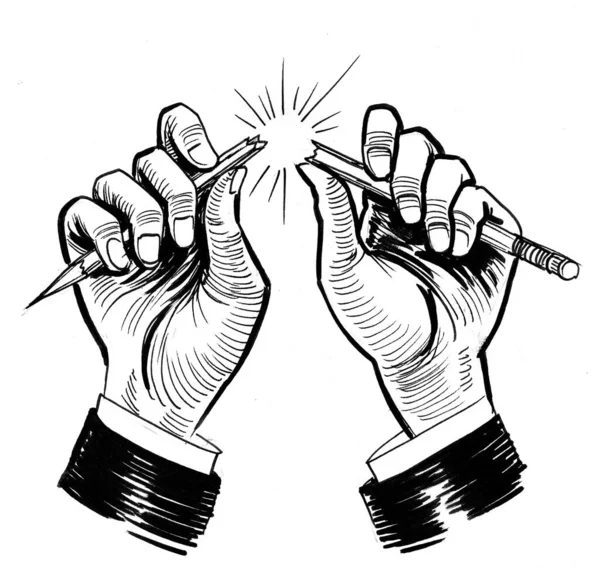 Hands Breaking Pencil Ink Black White Drawing — Stock Photo, Image