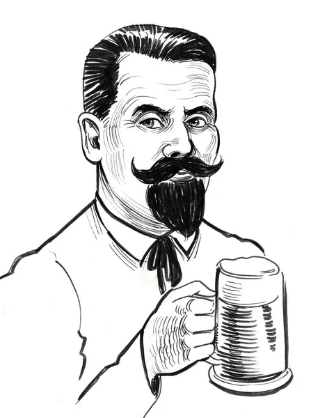 Panowie Piją Kubek Piwa Czarno Biały Rysunek Atramentu — Zdjęcie stockowe