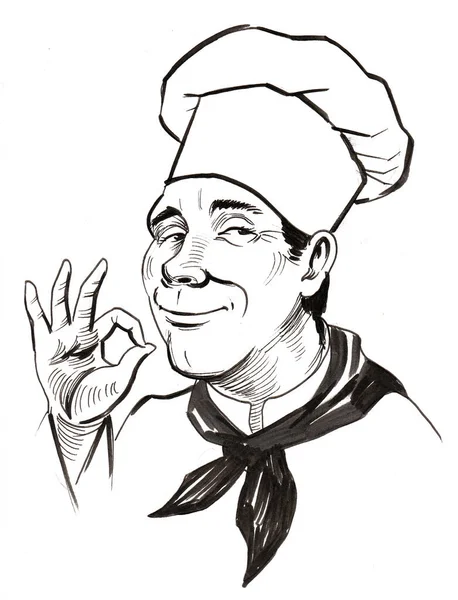 Feliz Chef Sonriente Dibujo Blanco Negro Tinta — Foto de Stock