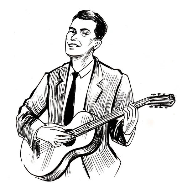 一个会弹奏吉他的年轻人墨水黑白画 — 图库照片