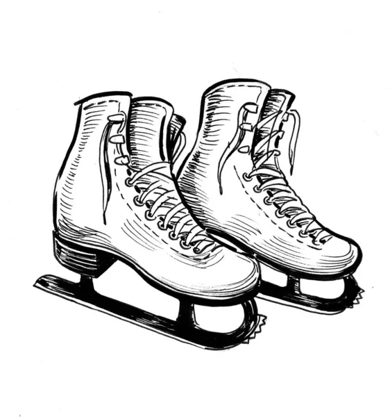 Pair Ice Skates Ink Black White Drawing — Stock Photo, Image