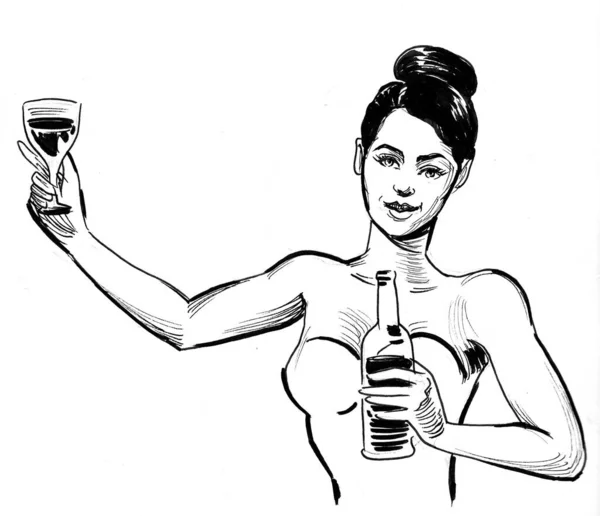 Csinos Hölgy Egy Üveg Borral Tinta Fekete Fehér Rajz — Stock Fotó