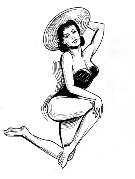 Pretty Woman Swimming Suit Hat Ink Black White Drawing — Stock Photo, Image