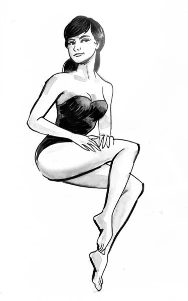 Pretty Woman Swimming Suit Ink Black White Drawing — Stock Photo, Image